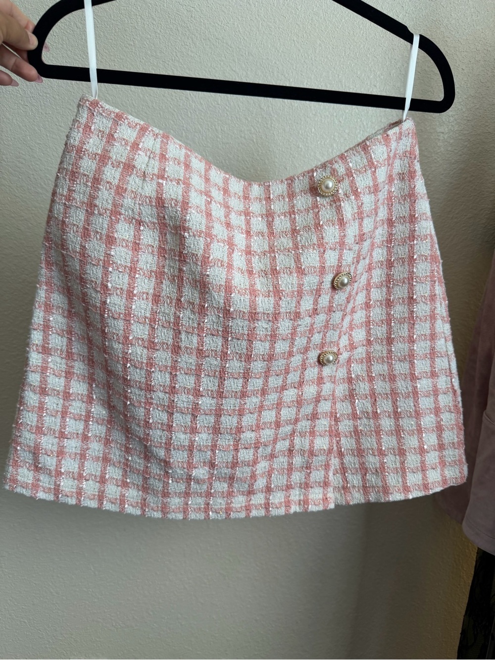 Pearl-Button Pink Check Tweed Mini Skirt